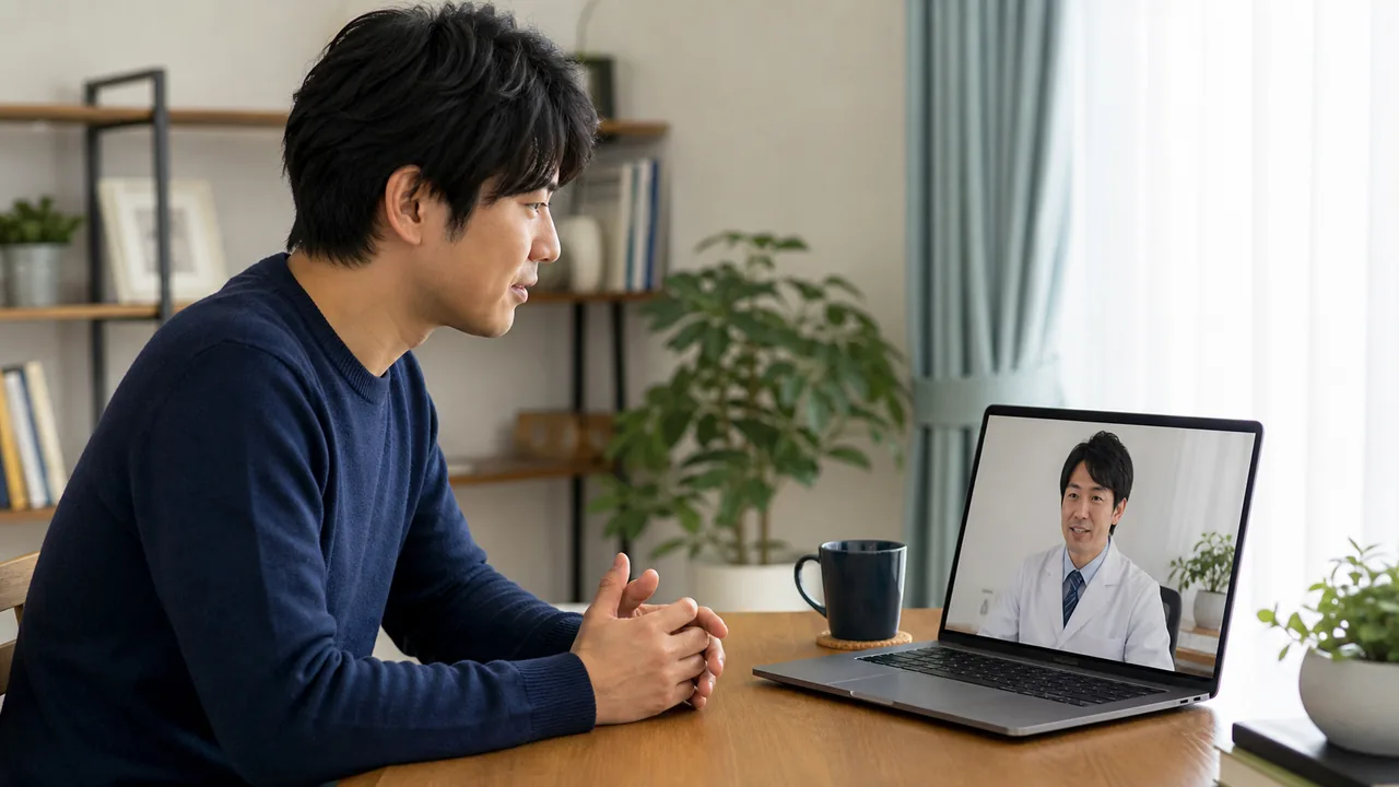 早漏についてオンライン診療で相談する場面 自宅から早漏の悩みをオンライン診療で相談する成人男性