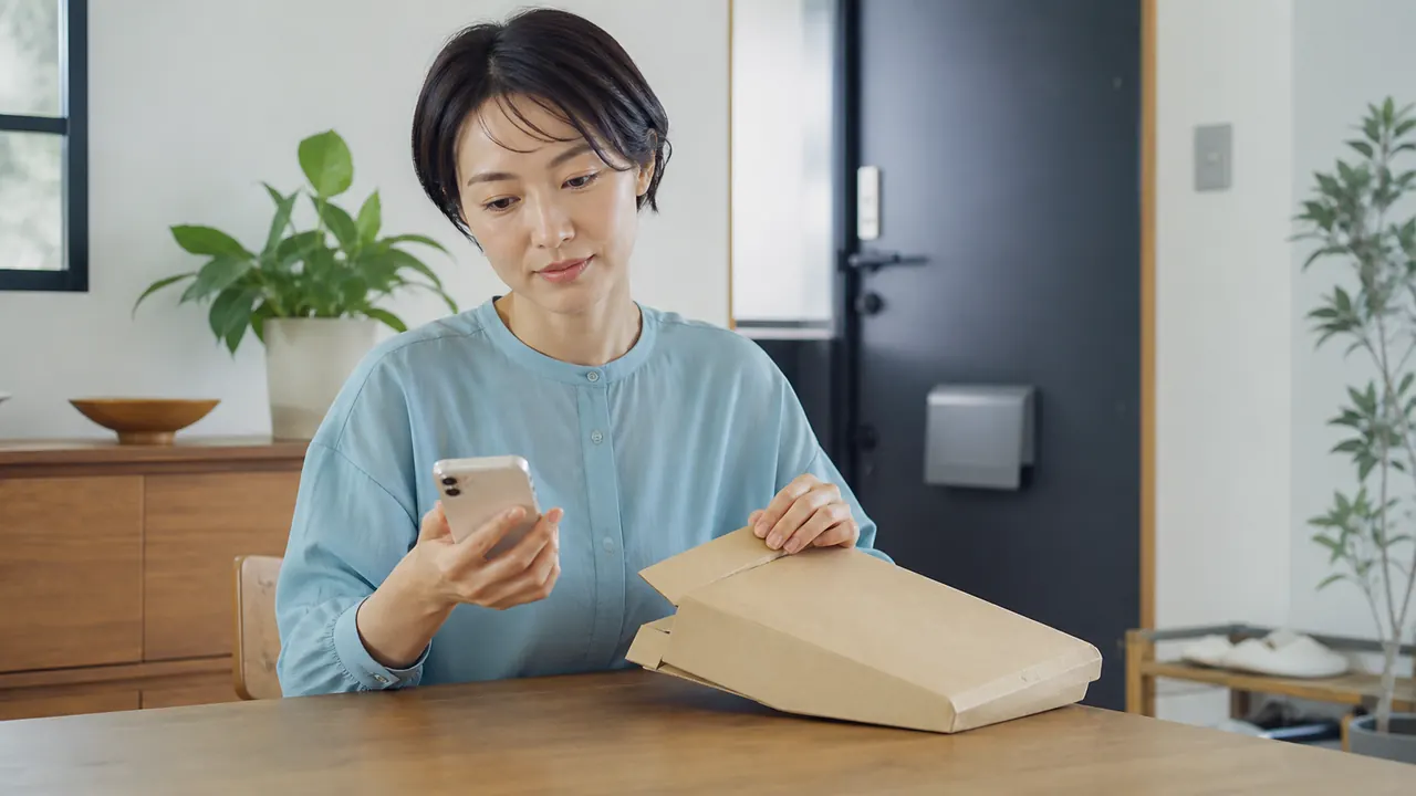 ピルの受け取りと再診管理 オンライン診療後に配送状況と再診予定を確認する女性