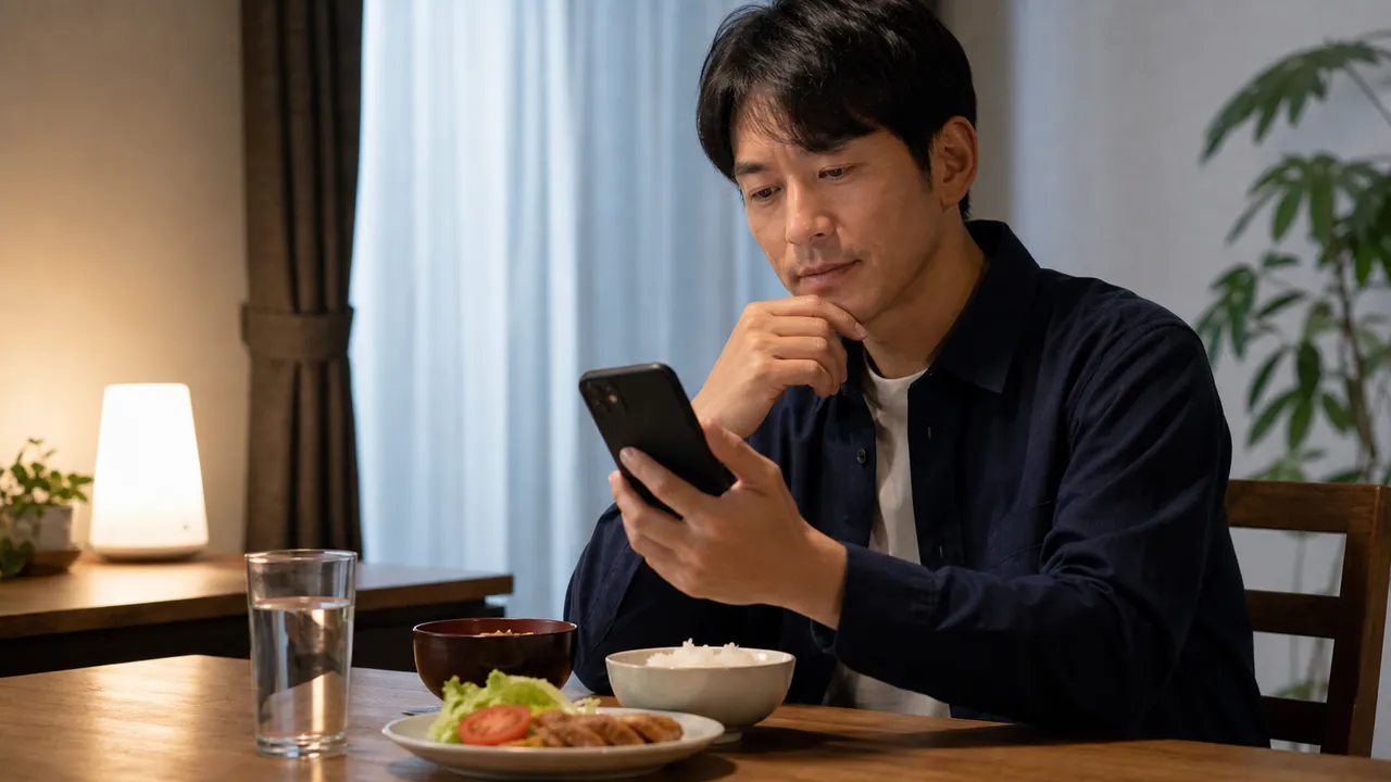 食事と服用時間を確認する男性