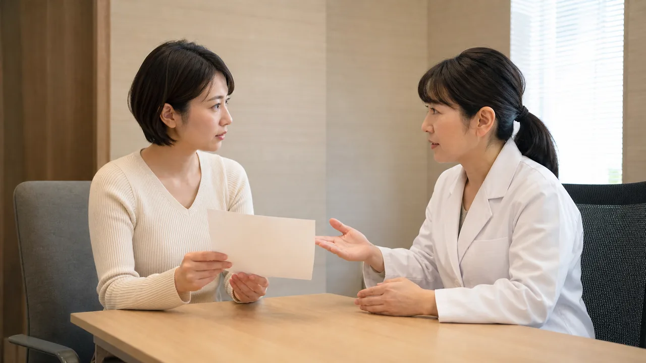 処方前に併用薬と健康状態を医師へ相談する女性