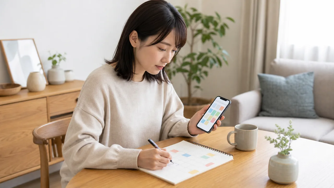 スマートフォンと手帳で服用スケジュールを管理する女性