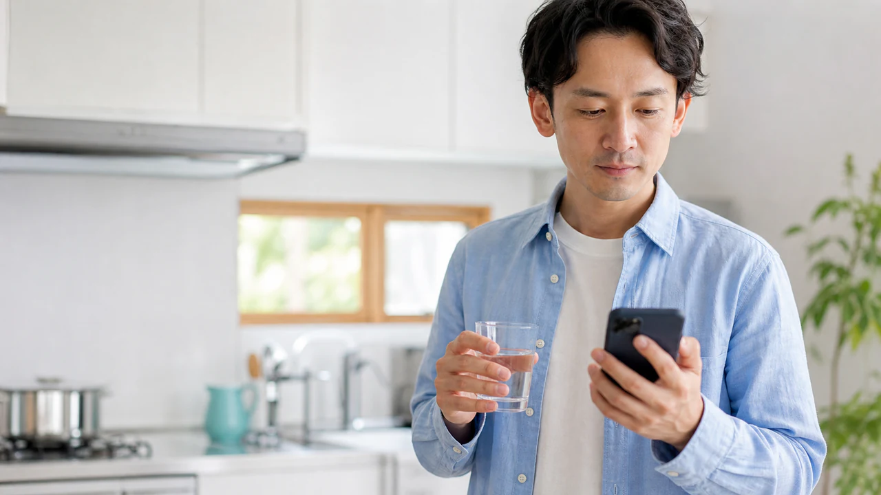 コップの水を用意しスマートフォンで服用指示を確認する男性