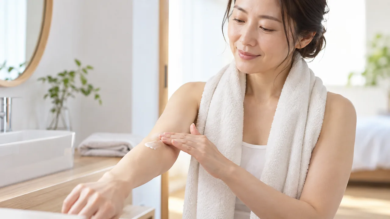 ヘパリン類似物質を使う生活場面のイメージ 入浴後に腕の保湿ケアをする女性