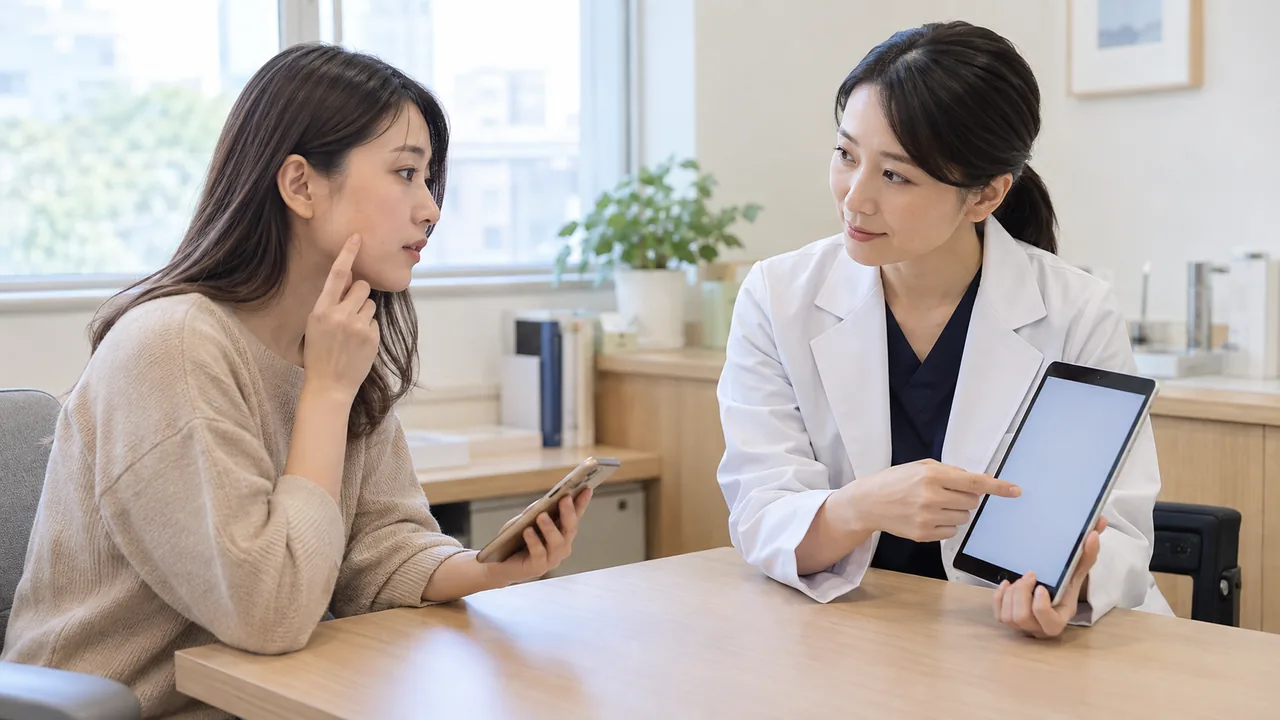 皮膚症状と併用薬を医師へ相談する場面 皮膚の症状と使用中の薬について医師へ相談する女性