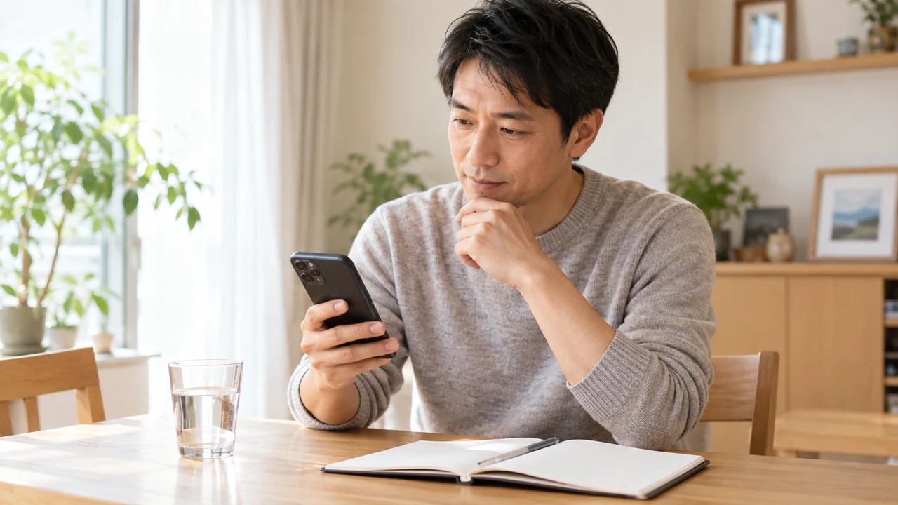 治療の継続や再診の案内をスマートフォンで確認する男性 治療の継続や再診の案内をスマートフォンで確認する男性