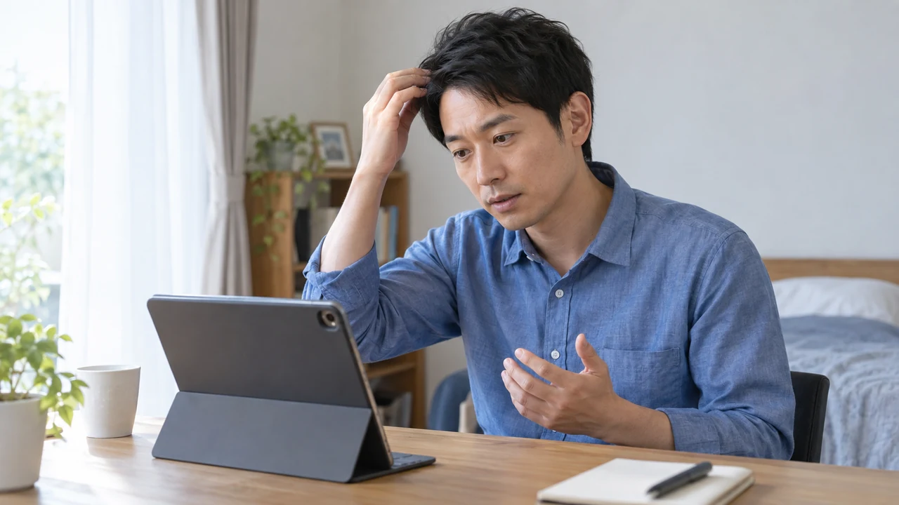 髪の悩みについて自宅からオンラインで相談する男性 髪の悩みについて自宅からオンラインで相談する男性