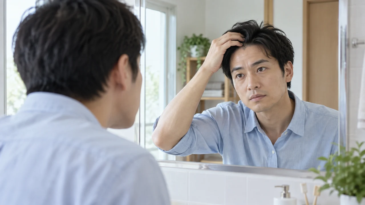 自宅の鏡で生え際の状態を確認する男性 自宅の鏡で生え際の状態を確認する男性