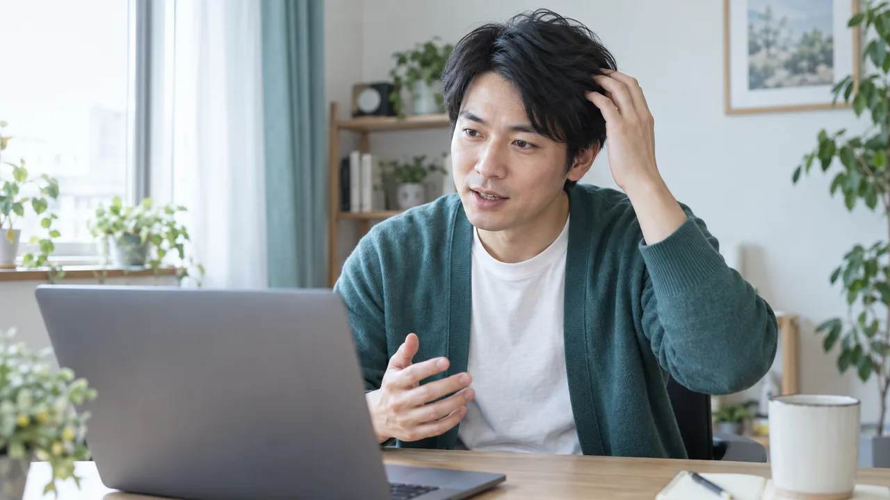 抜け毛の変化を自宅で医師に相談する男性 抜け毛の変化を自宅で医師に相談する男性