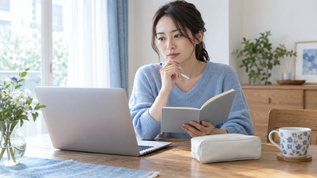 服用中の薬をまとめた手帳を確認しながらオンライン相談する女性