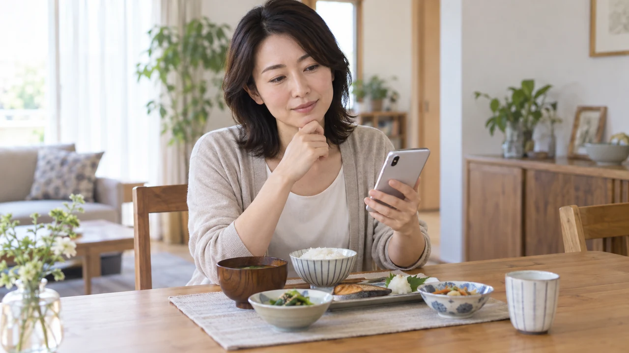 食事の内容と体調についてスマートフォンで相談する女性