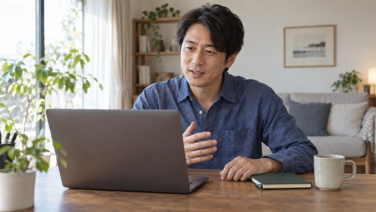 髪や肌の悩みと服用薬について自宅から相談する男性