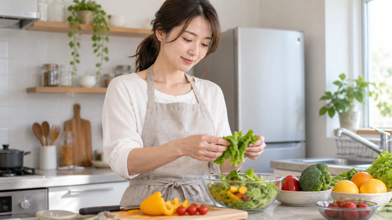 ビタミンを含む野菜や果物を食事に取り入れる女性
