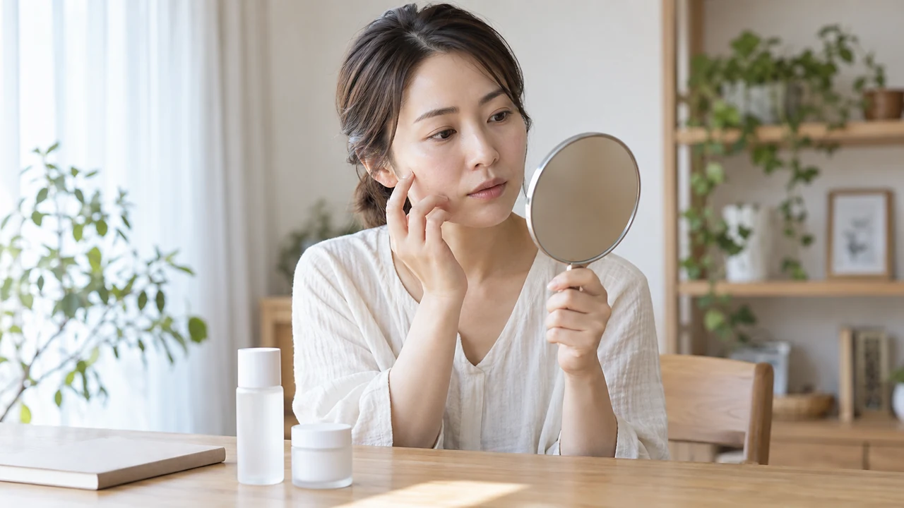 鏡で肌の状態を確認しスキンケアを検討する女性