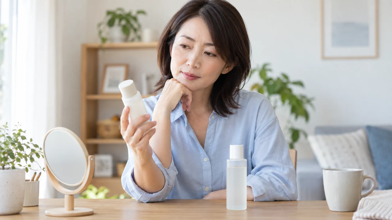 自宅でスキンケア製品を見比べる女性