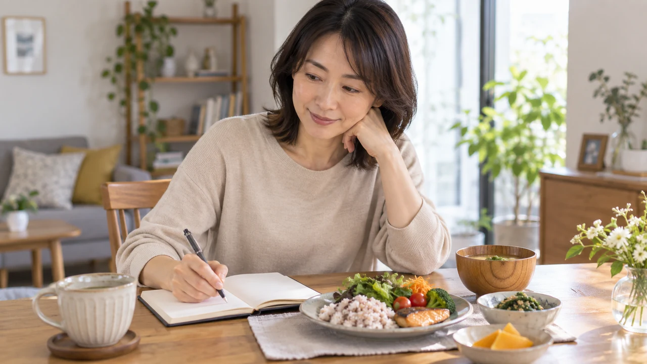 食事内容を振り返りながら自宅で昼食をとる女性