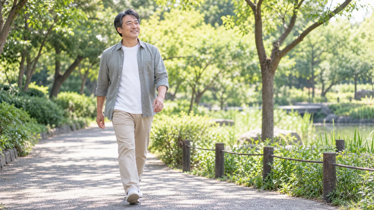 日々の健康づくりのため公園を無理なく歩く男性
