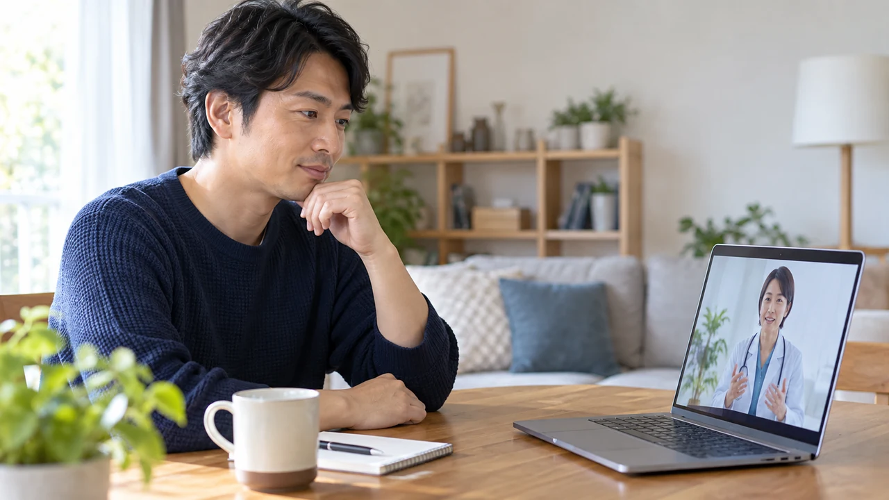 医療ダイエットについて自宅から医師に相談する男性