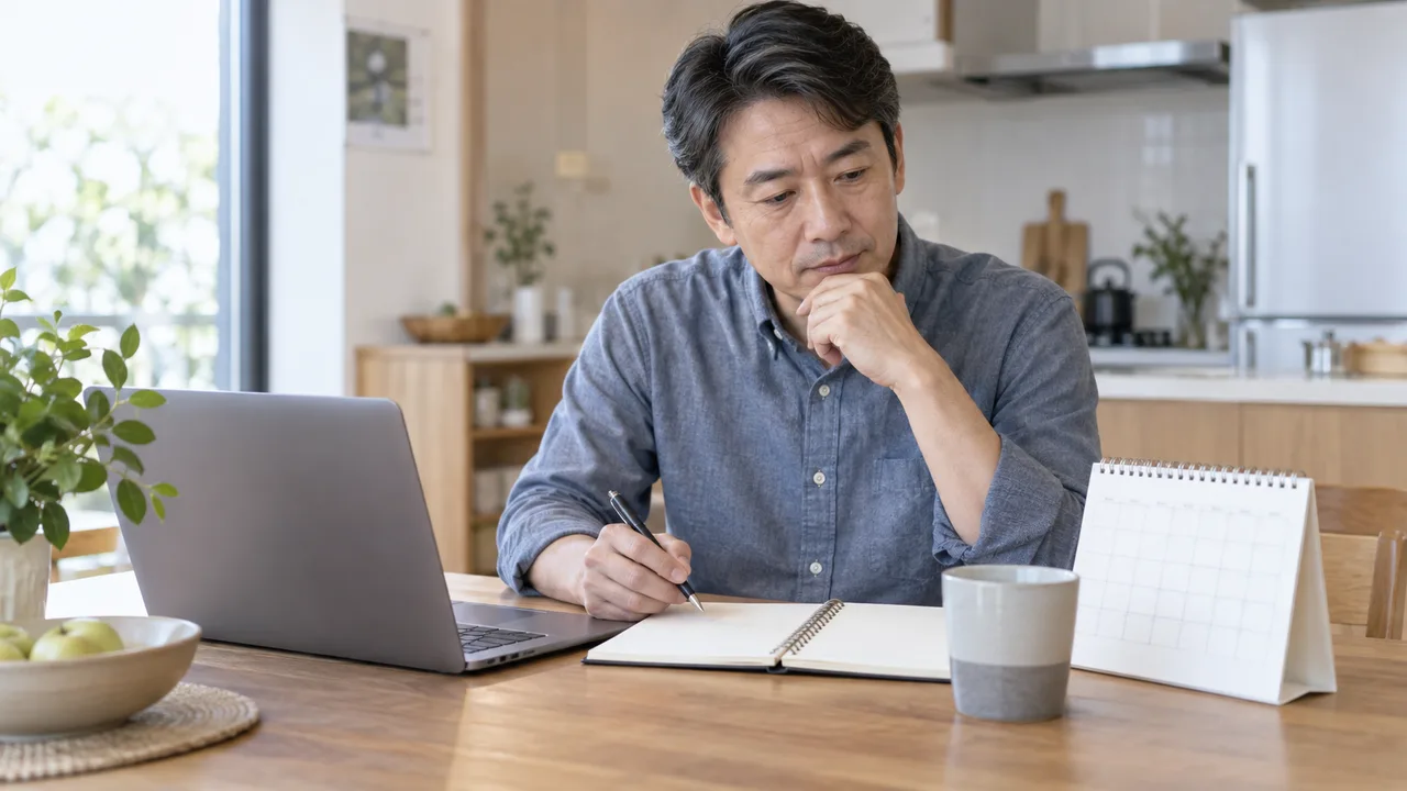 薬代と受診予定を手元で整理する男性 薬代と受診予定を手元で整理する男性