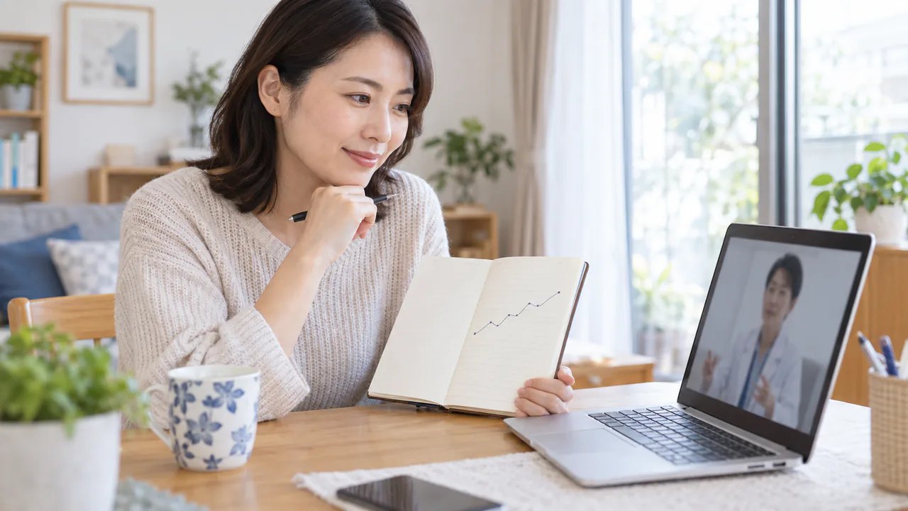 ダイエット中の体重推移を相談する場面 体重の推移をノートに記録しながら医療者に相談する成人女性