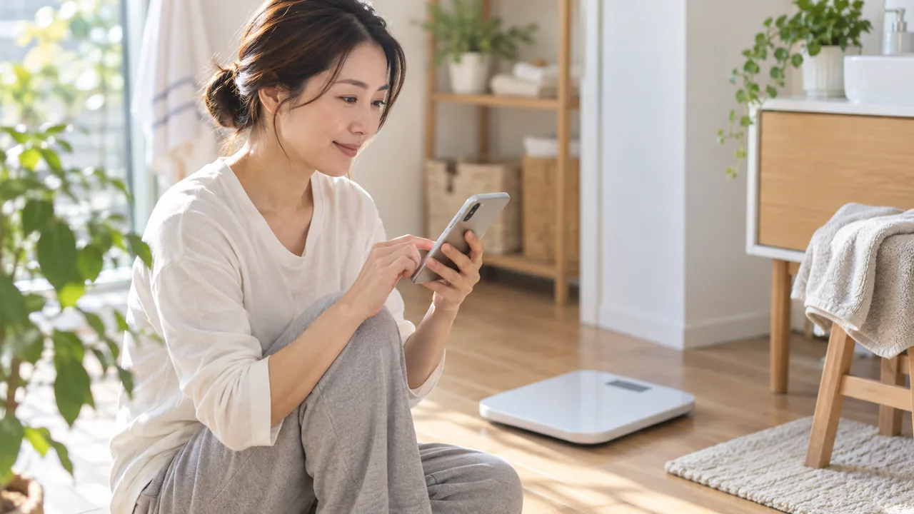 同じ条件で体重と体調を記録する場面 朝の同じ時間帯に体重と体調をスマートフォンで記録する成人女性