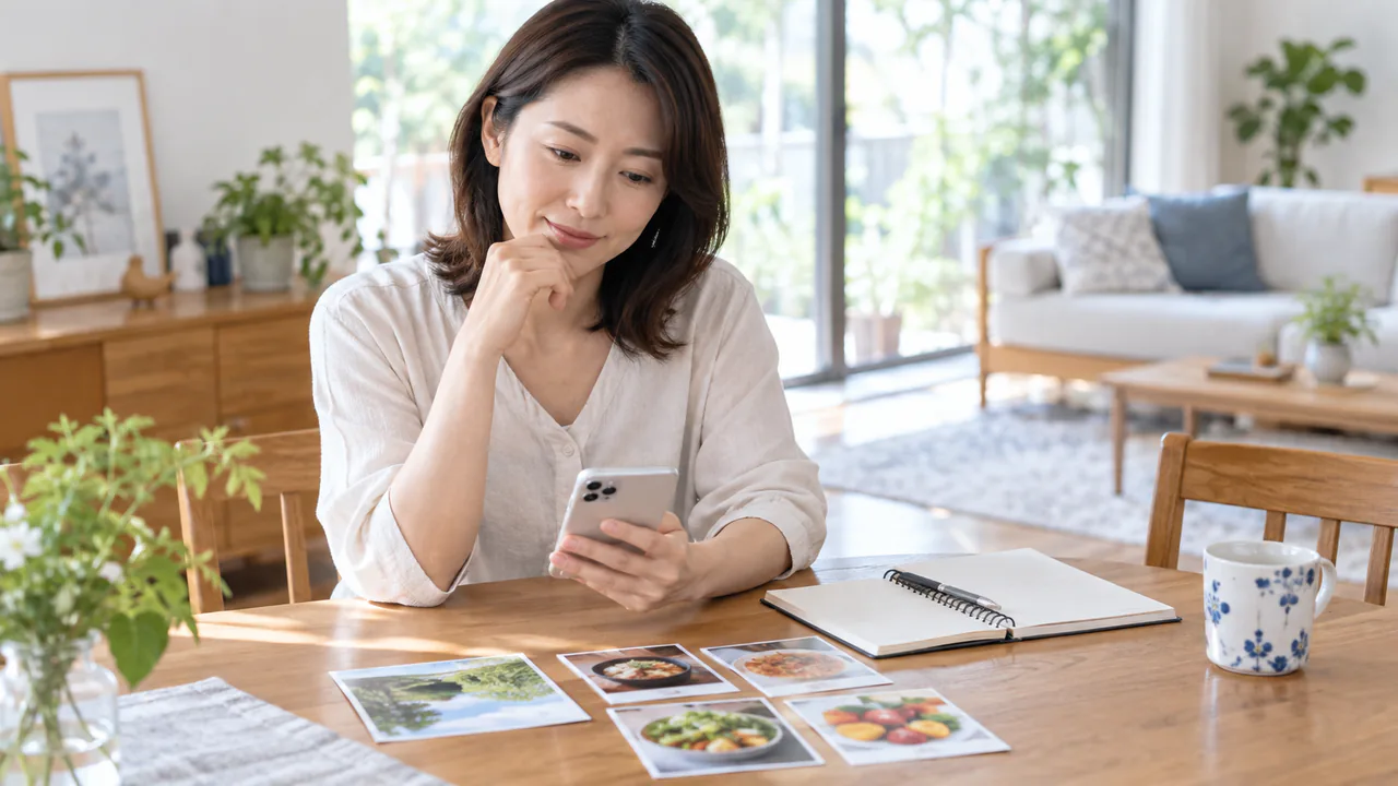 停滞期の再評価のため生活記録を確認する場面 食事写真と歩数と体調をスマートフォンで振り返る成人女性