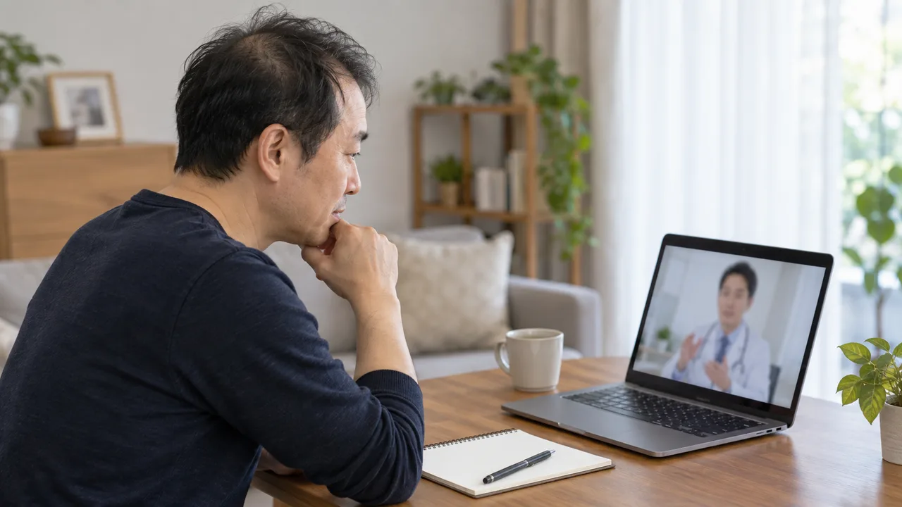 薄毛について自宅からオンラインで相談する男性 薄毛について自宅からオンラインで相談する男性