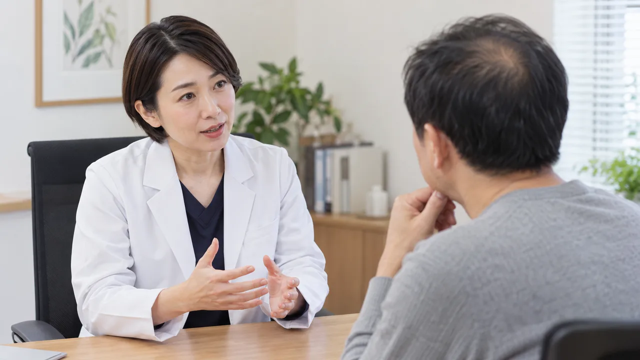 対面の医療機関で頭皮の評価について説明を受ける男性 対面の医療機関で頭皮の評価について説明を受ける男性