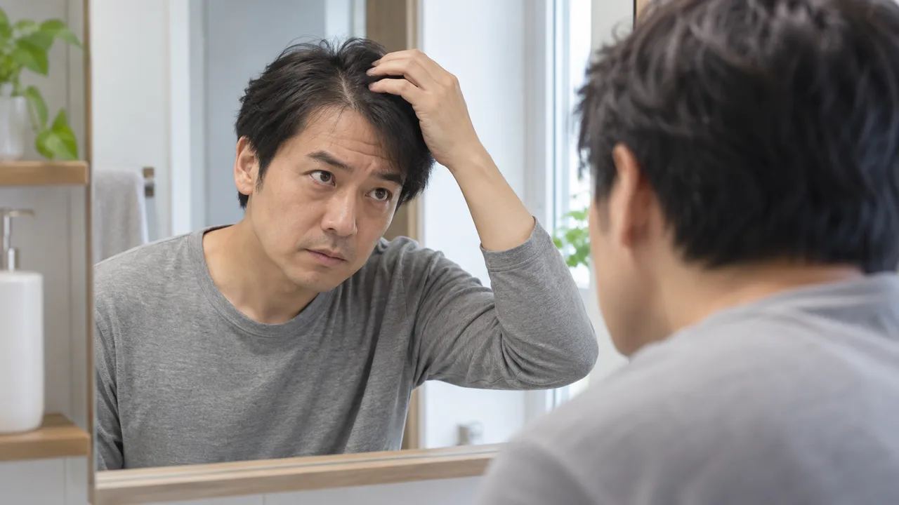 自宅の鏡で髪の分け目を確認する男性 自宅の鏡で髪の分け目を確認する男性