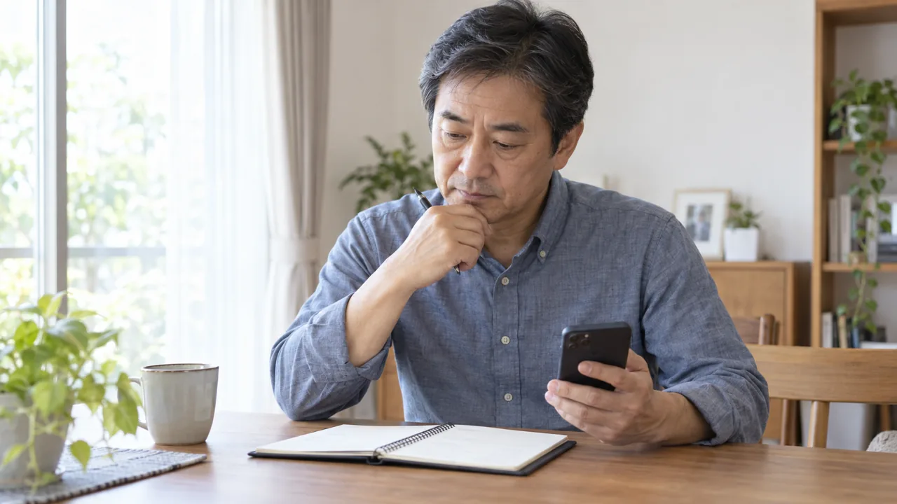 受診前に服薬開始時期の記録を確認する男性