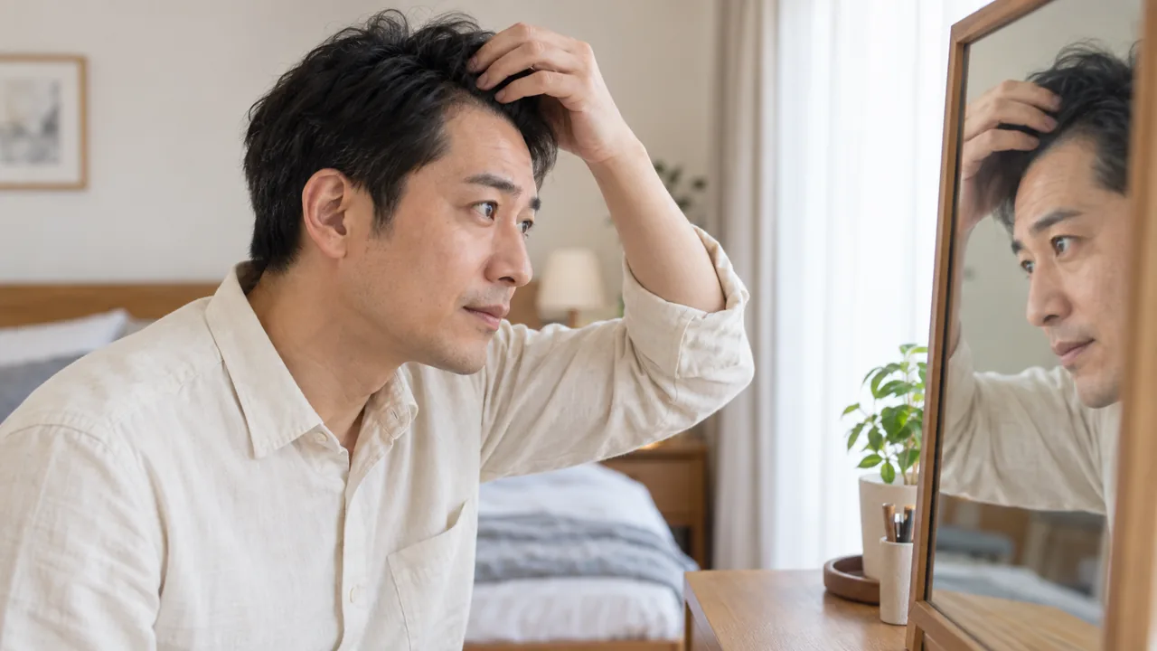 鏡で生え際の状態を確認する男性