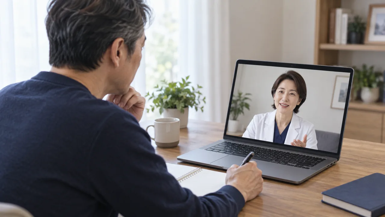 服薬歴や抜け毛についてオンラインで医師に相談する男性