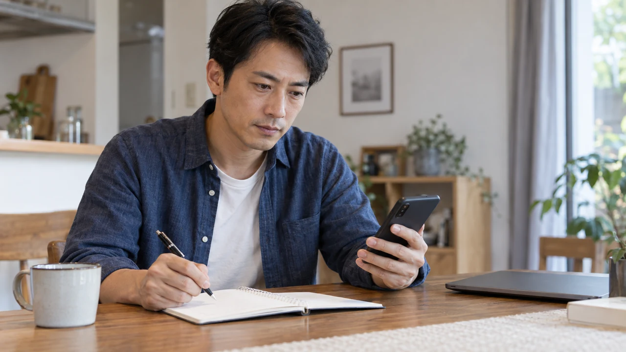 検査費用や受診前の質問を手帳に整理する男性