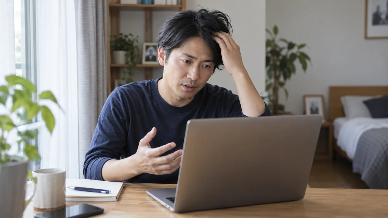 家族の薄毛と自分の髪の悩みを自宅から相談する男性