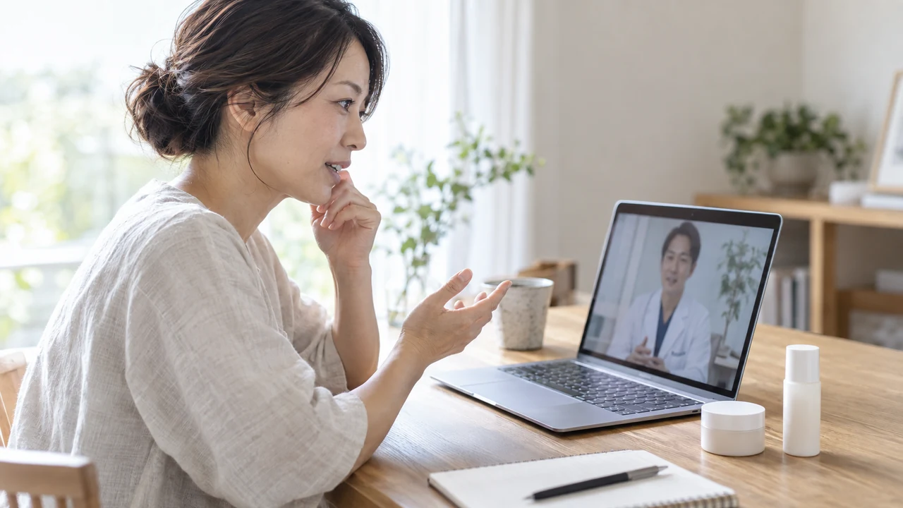 スキンケアの組み合わせをオンラインで相談する女性 スキンケアの組み合わせをオンラインで相談する女性