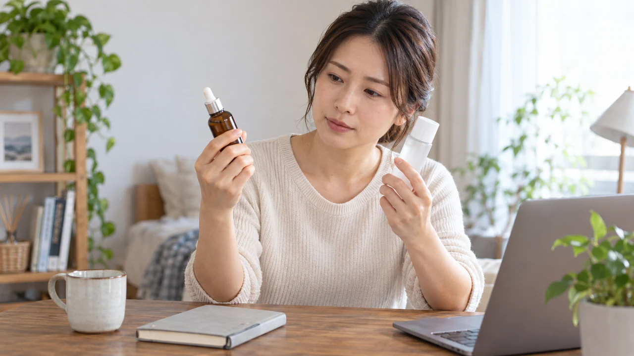 自宅でスキンケア製品を見比べる女性 自宅でスキンケア製品を見比べる女性