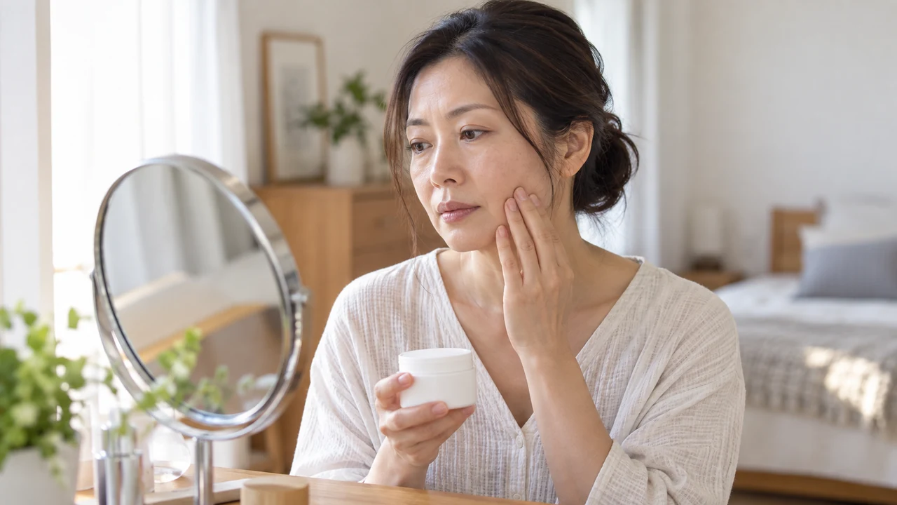 スキンケアの際に頬の状態を確認する女性 スキンケアの際に頬の状態を確認する女性