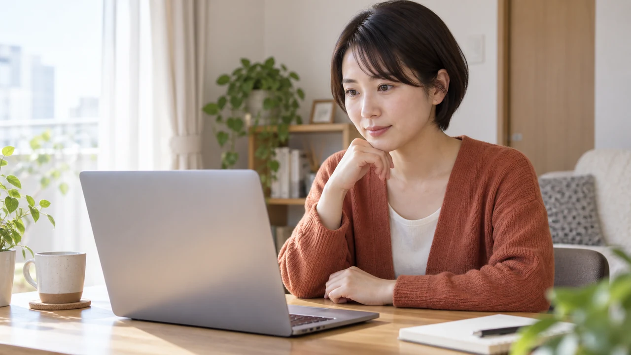 自宅から月経の悩みについてオンラインで相談する女性 自宅から月経の悩みについてオンラインで相談する女性