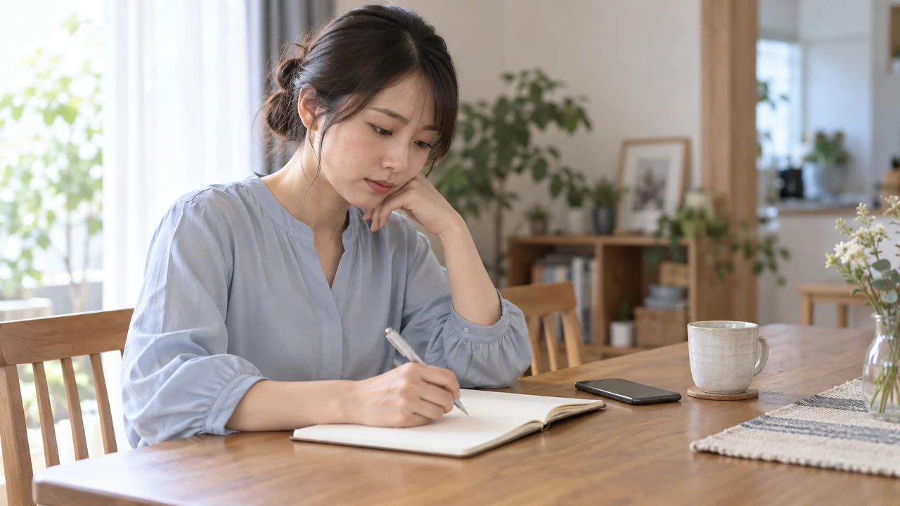診察で伝える月経症状を手帳に記録する女性 診察で伝える月経症状を手帳に記録する女性