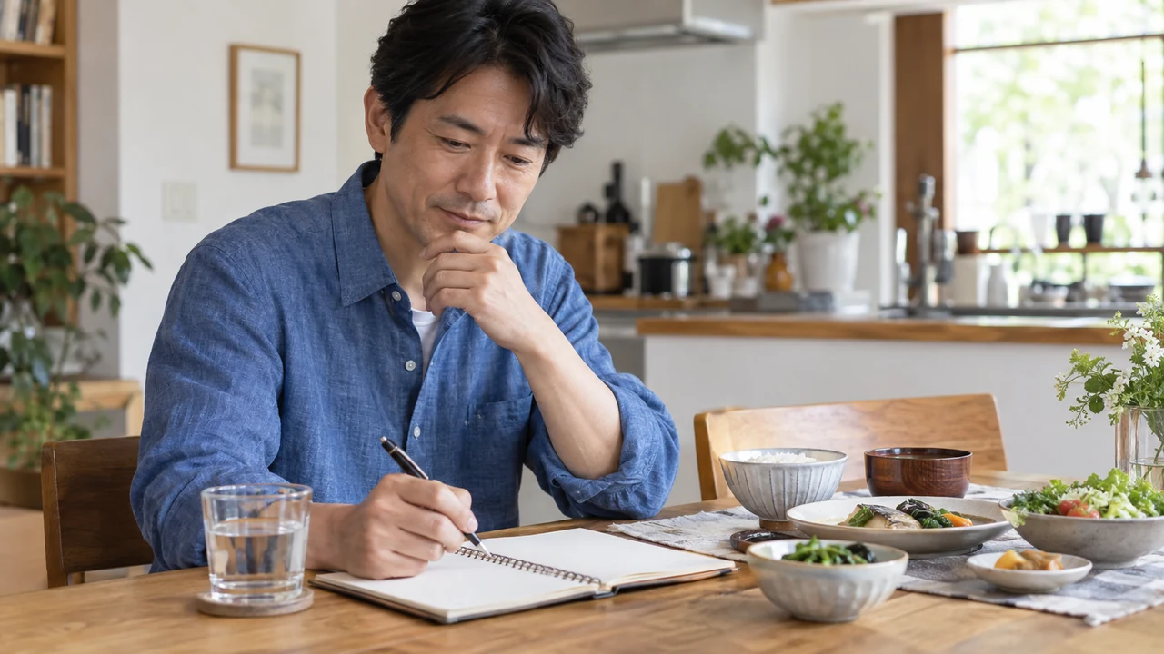 体調や食生活の相談内容を手帳に整理する男性 体調や食生活の相談内容を手帳に整理する男性