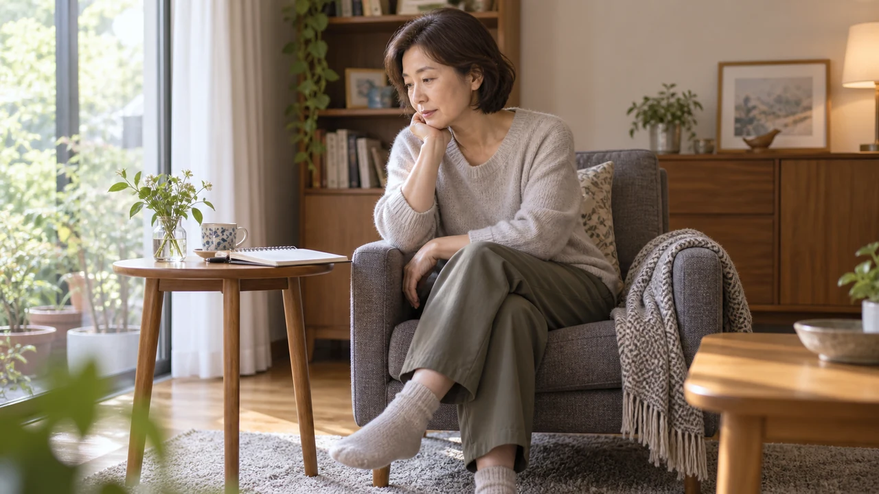一日の体調を振り返りながら自宅で休む女性 一日の体調を振り返りながら自宅で休む女性