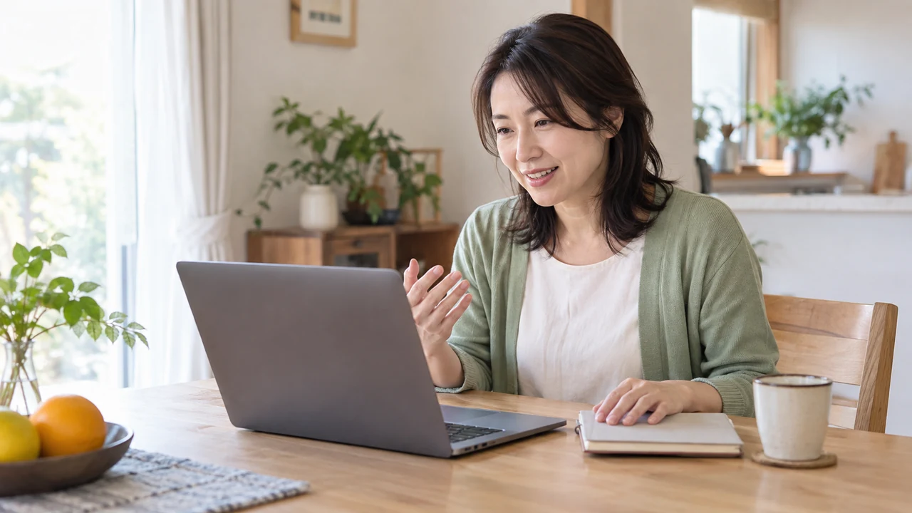 体質や漢方薬について自宅からオンラインで相談する女性 体質や漢方薬について自宅からオンラインで相談する女性