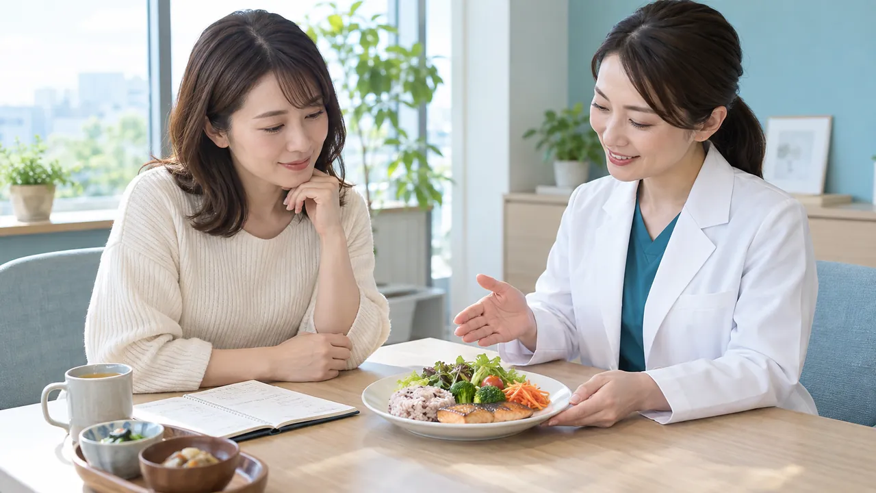 PFCバランスと食事記録を医療者へ相談する場面 バランスのよい食事と食事記録を見ながら医療者へ相談する成人女性