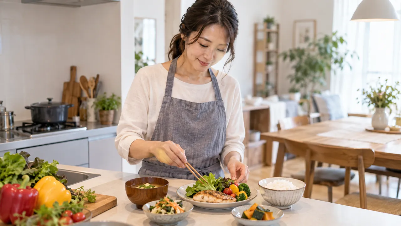 主食・主菜・副菜をそろえた食事を準備する場面 魚と野菜とごはんを組み合わせた食事を自宅で準備する成人女性