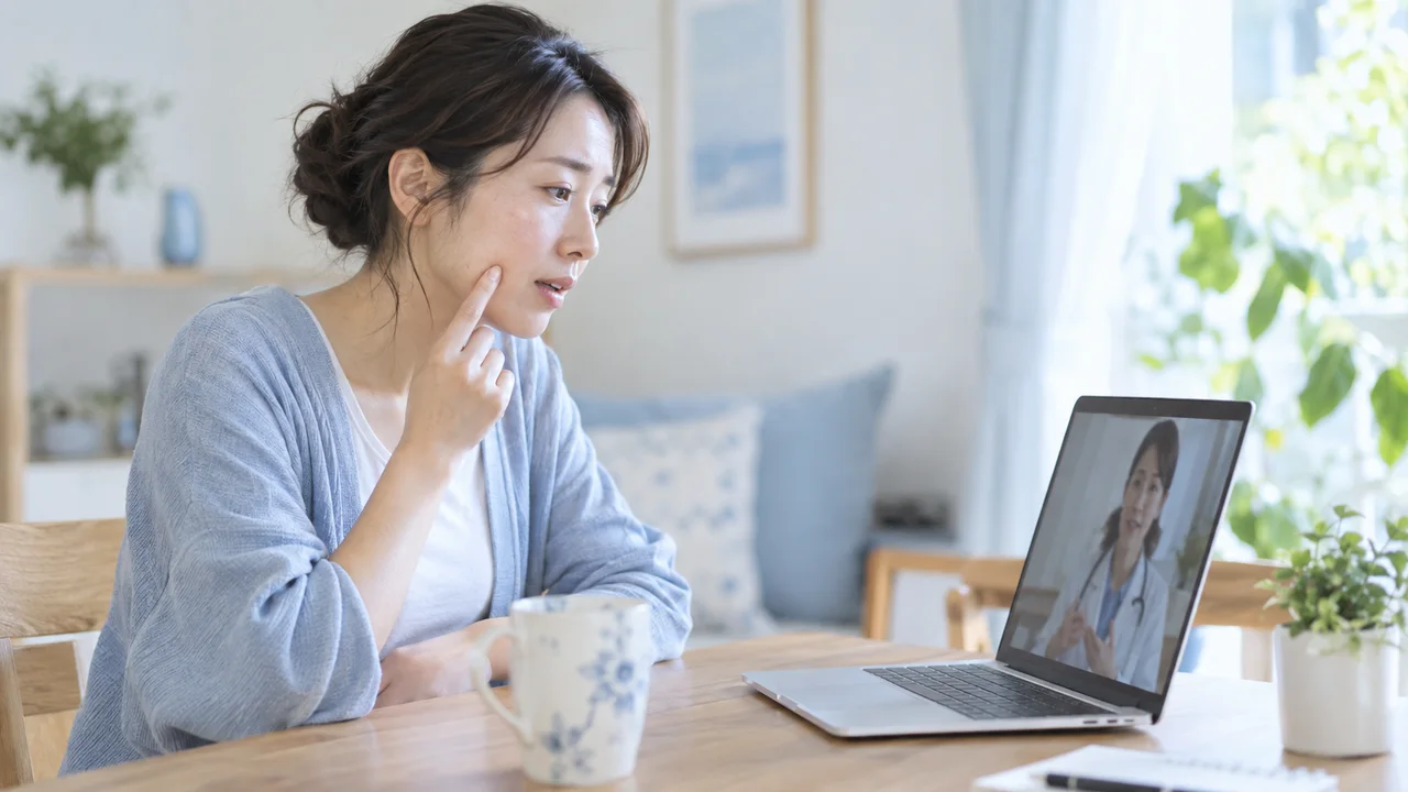 肌の悩みについてオンラインで医師に相談する女性 肌の悩みについてオンラインで医師に相談する女性