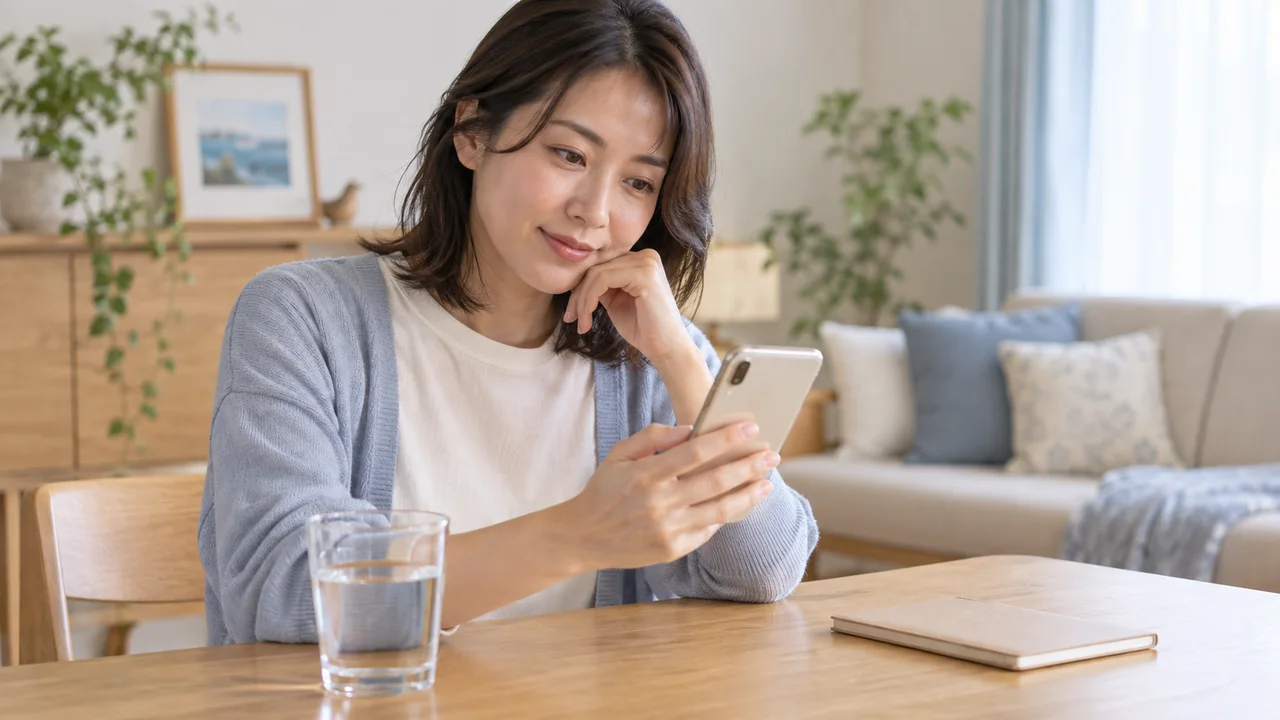 自宅で服薬の予定を確認する女性 自宅で服薬の予定を確認する女性