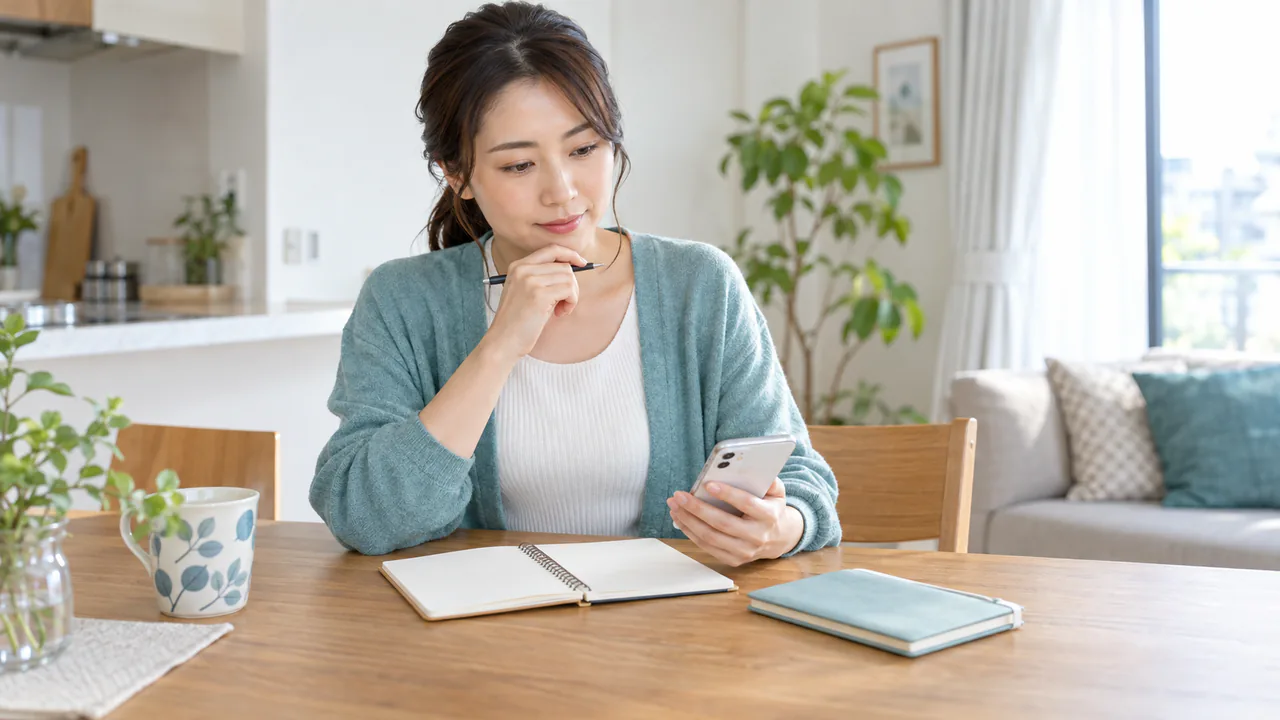 診察前にお薬手帳と服用薬を確認する成人女性