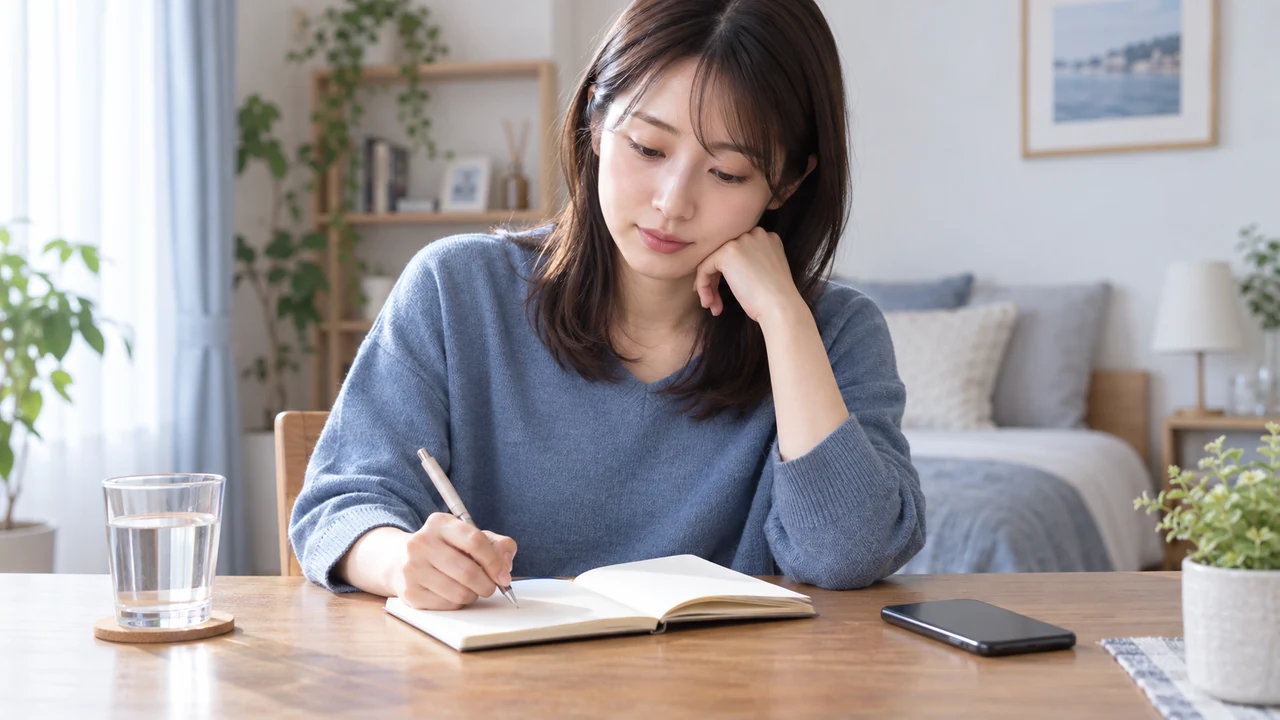 診察で相談する体調の変化を手帳に記録する女性 診察で相談する体調の変化を手帳に記録する女性