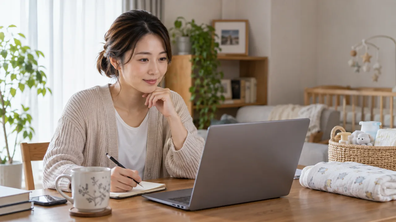 育児中に自宅でオンライン診療の準備をする女性 育児中に自宅でオンライン診療の準備をする女性