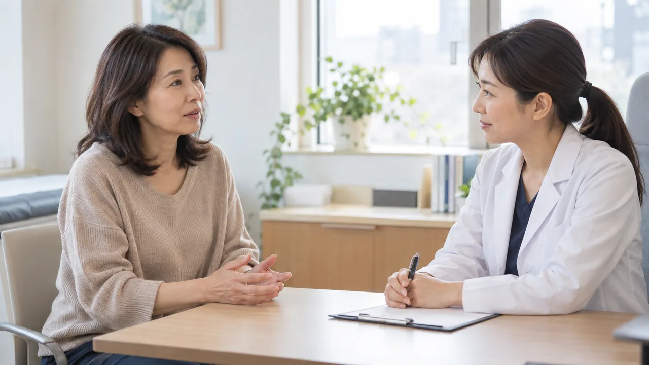更年期に近づく時期の体調について医師に相談する女性 更年期に近づく時期の体調について医師に相談する女性