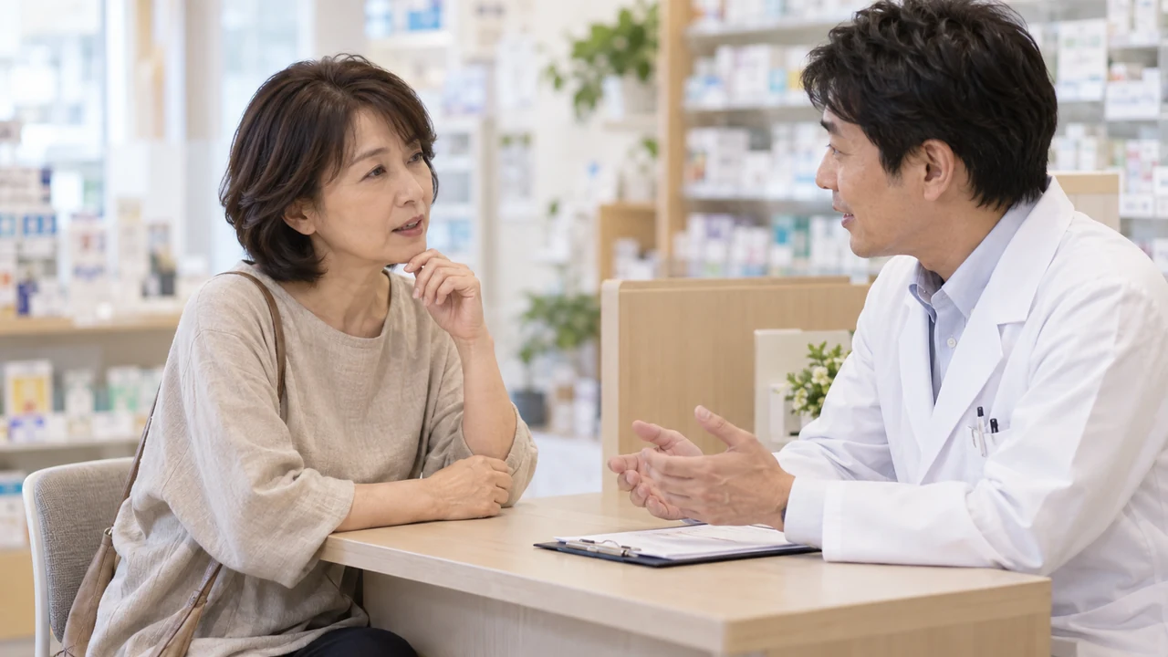 薬の飲み方や不安について薬剤師に相談する女性 薬の飲み方や不安について薬剤師に相談する女性